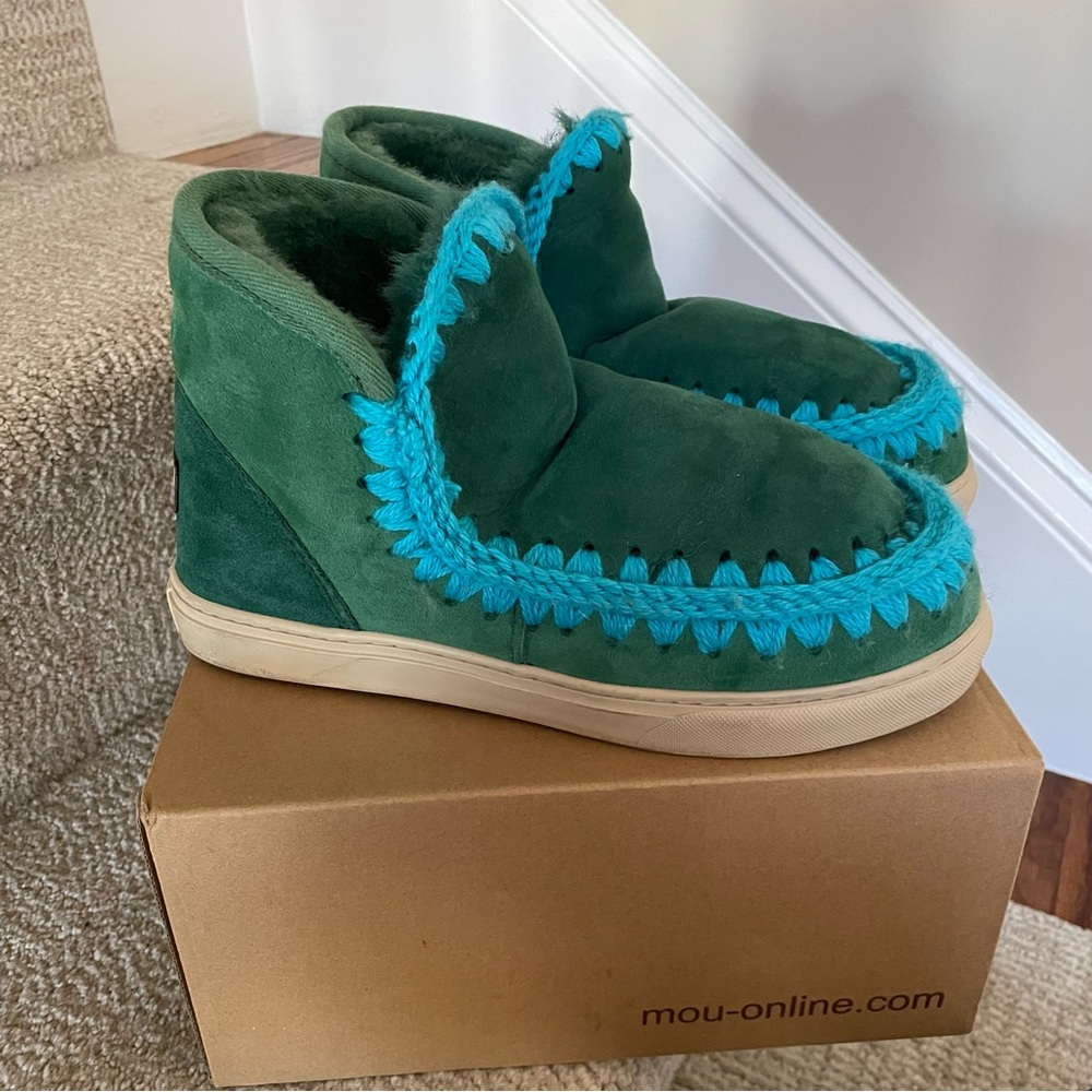 Mou Eskimo Sneaker Boots Sea Green with Blue Stitching Women’s Size 38